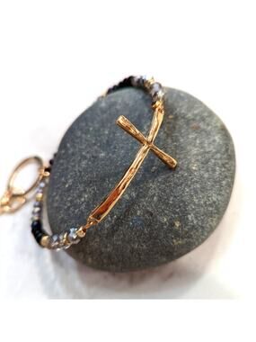GOLD TONE HAMMERED CROSS Black Gray Glass Bead Bracelet Style Hoop Key Chain